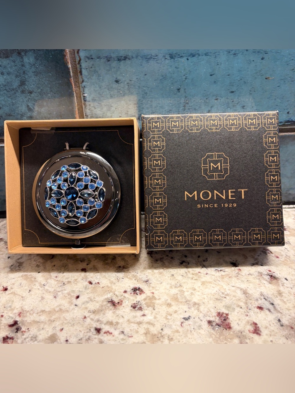 Monet Silver Compact Mirror with Blue Crystal Accents